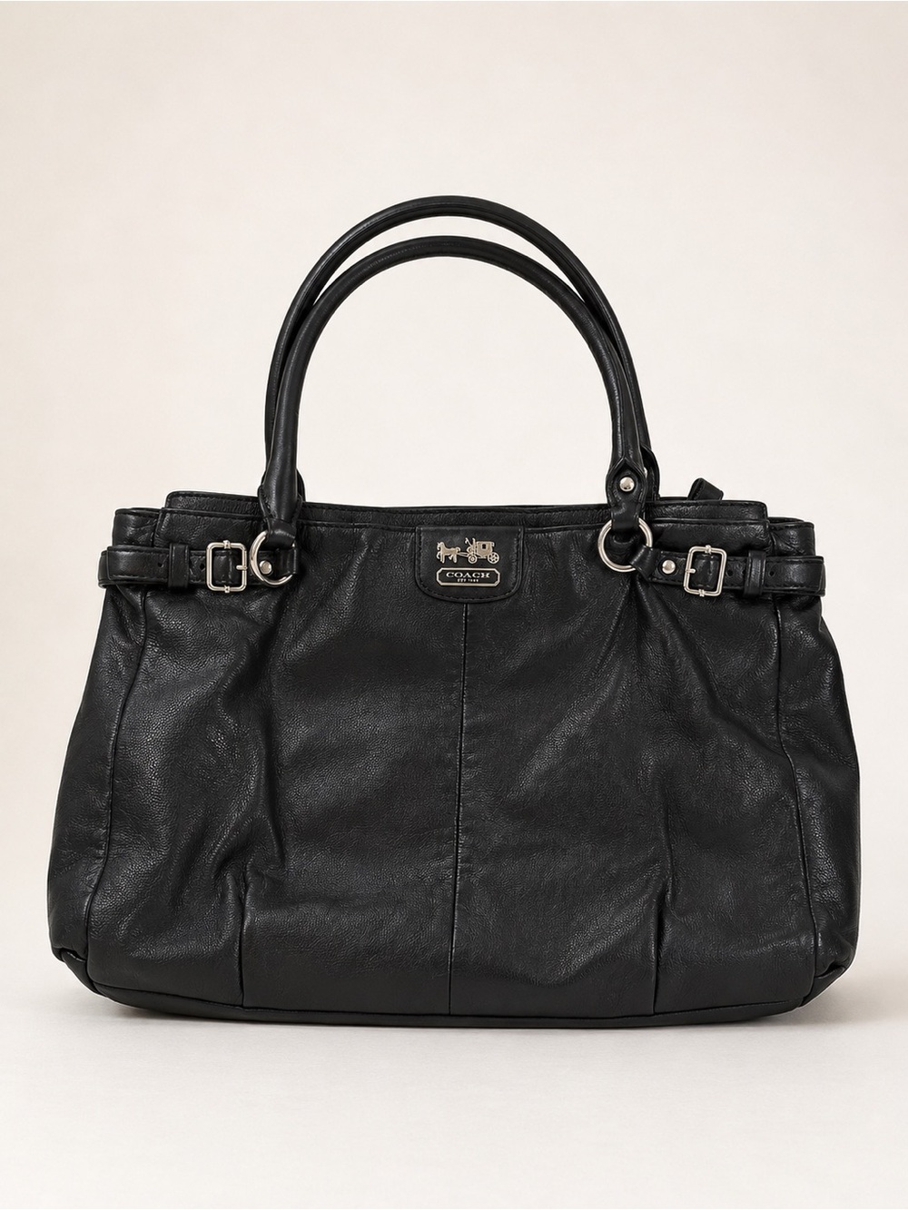 Coach Kara Carryall Black Leather Shoulder Bag‎ Silver Hardware Classic Satchel